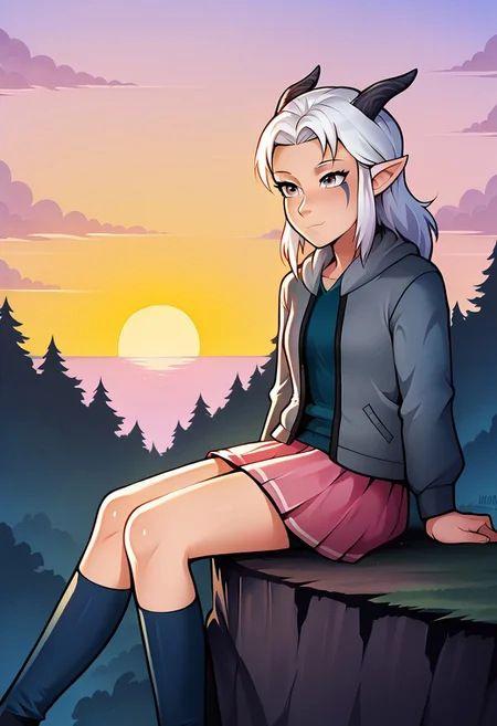 Loodncrood, 1girl, solo, Rayla, White Hair, Elf Ears, RayHorns, RayFacepaint, Colored Skin, Four Fingered Hand, grey hoodie, blue shirt, pink skirt, pleated skirt, denim jacket, sunset, sitting on a cliff edge, trees