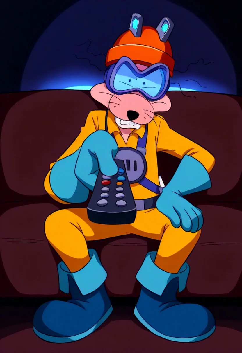 solo, Megavolt sits on the brown couch, grumpy, holding, carton box of lightbulbs on the right, sitting, holding remote control, looking at viewer, negative_hand, easynegative, ng_deepnegative_v1_75t, anthro, orange helmet, safety goggles, buck teeth, yellow overall, plug on chest, blue gloves, blue boots, highest resolution, perfectly balanced, detailed shading, haze lighting, full body shot, fantasy ,score_9,score_8_up, score_7_up, absurdres, subsurface scathering, depth of field, masterpiece, best quality, newest, absurdres, highres, feeling, impact, dim lighting, sidelighting,amazing quality, scenery, very aesthetic, newest, volumetric lighting, blending,cute,negative_hand,newest, clean lines,rat, no humans,
