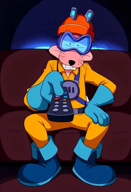 solo, Megavolt sits on the brown couch, grumpy, holding, carton box of lightbulbs on the right, sitting, holding remote control, looking at viewer, negative_hand, easynegative, ng_deepnegative_v1_75t,  anthro, orange helmet, safety goggles, buck teeth, yellow overall, plug on chest, blue gloves, blue boots, highest resolution, perfectly balanced, detailed shading, haze lighting, full body shot, fantasy ,score_9,score_8_up, score_7_up, absurdres, subsurface scathering, depth of field, masterpiece, best quality, newest, absurdres, highres, feeling, impact, dim lighting, sidelighting,amazing quality, scenery, very aesthetic, newest, volumetric lighting, blending,cute,negative_hand,newest, clean lines,rat, no humans,