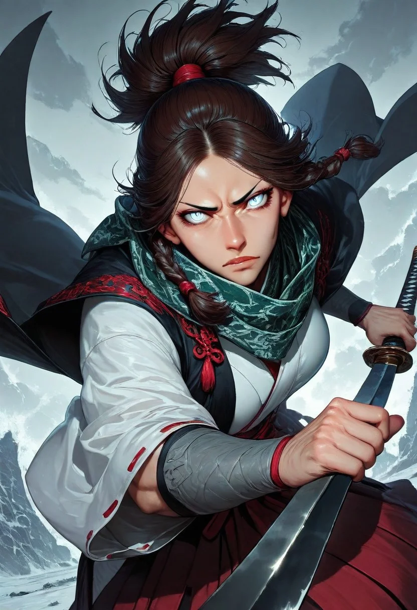 masterpiece, best quality,high quality, newest, highres,8K,HDR,absurdres, 1girl, mature female, solo, ponytail, long dark brown hair, front twin braids, short hair fringe, blue-grey eyes, slit pupils, serious scowling expression, black and green checker patterned scarf, white kimono, black haori, red hakama, katana, samurai fantasy battlefield, stormy sky, dynamic pose, intense lighting, detailed background, depth of field, dynamic composition, foreshortening, detailed background, dynamic pose, dynamic composition,dutch angle, detailed backgroud,foreshortening,blurry edges <lora:iLLMythG0thicL1nes:1> G0thicL1nes