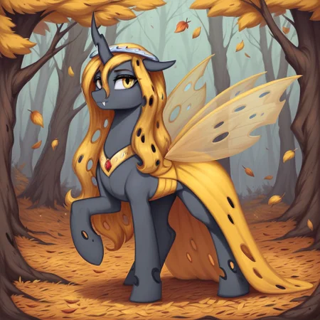 masterpiece, score_9_up, score_8_up, score_7_up, score_6_up, (best quality:1.1), ultra-detailed, high resolution, 1character, Oiren, changeling queen oc, mlp, feral, black skin, long yellow membrane mane, tail, (((beautiful detailed yellow eyes))), long eyelashes, eyebrows, ears, yellow Insect wings, closed mouth, fang out, single horn, modest silver crown, detailed facial features, royal dress, full body, expressiveh, highly visible, sharp focus, anatomically correct, detailed background, outside, outdoors, forest in the background, autumn, falling leaves