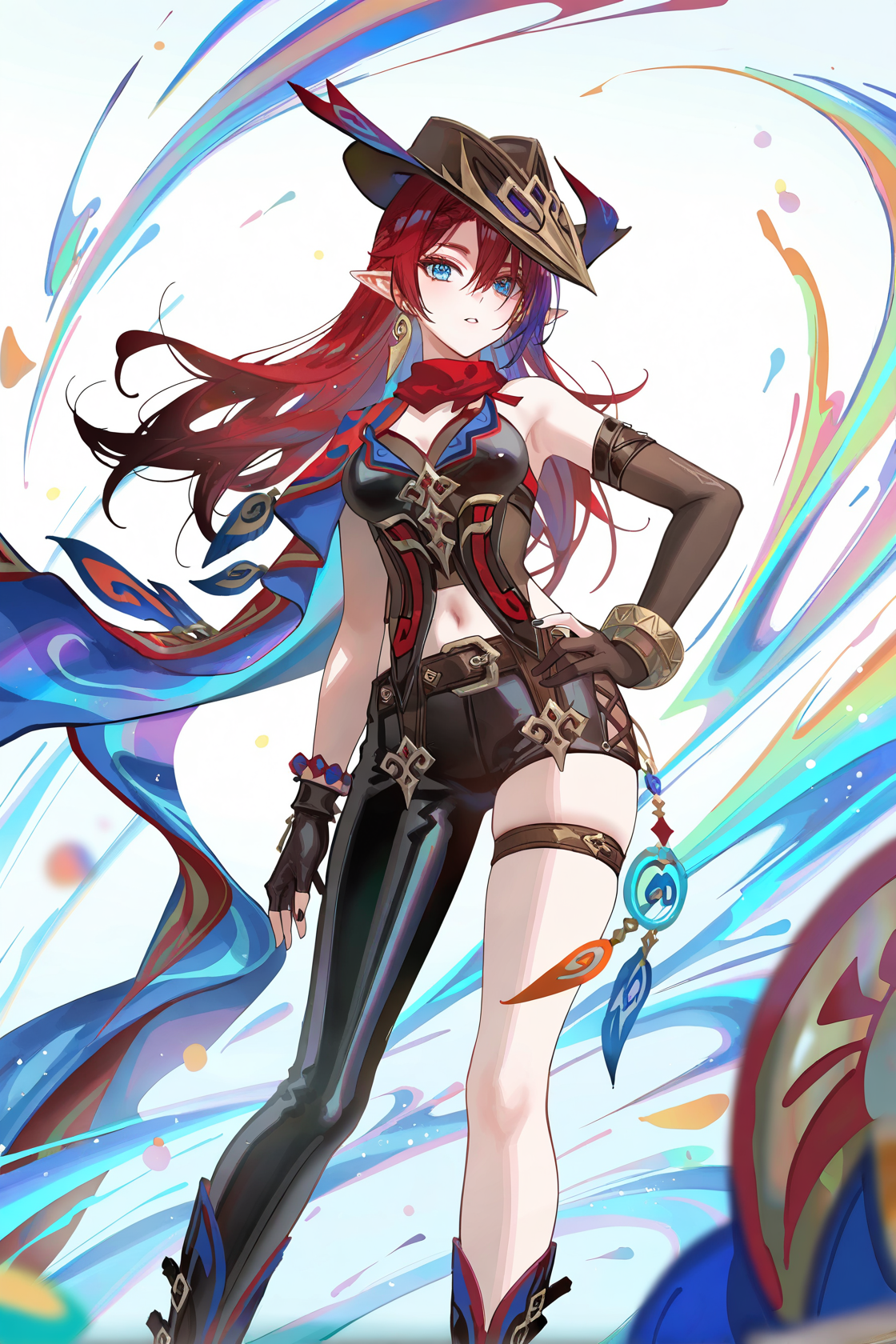 8k, best quality, masterpiece, (ultra-detailed), (high detailed skin), 
((artist:reoen),(artist:fuzichoco),(artist:atdan),(artist:torino_aqua),year 2024:0.8)1girl, [artist:wlop], [artist:ningen_mame], artist:ciloranko, [[artist:rhasta]], artist:tidsean, colorful, detailed light, light leaks, sunlight, bokeh, blurry foreground, ray tracing, lens flare, cinematic lighting, 
full body, full shot, standing, looking at viewer, (solo:1.2), simple background, (white background:1.2), hand on own hip, (white background:1.1), 
<lora:Chasca-noob-Tanger-000014:0.8>, Chasca, Chasca-def clothes, capelet, single pantsleg, blakc corset, 1girl, pointy ears, blue eyes, breasts, hat, jewelry, red long hair, black boots, navel, earrings, bracelet, black asymmetrical fingerless gloves, asymmetrical clothes, hanging ornaments, 
A full-body portrait of a young girl, standing gracefully, pastel art style, high-key lighting, shoujo manga influence, hd quality, delicate details,