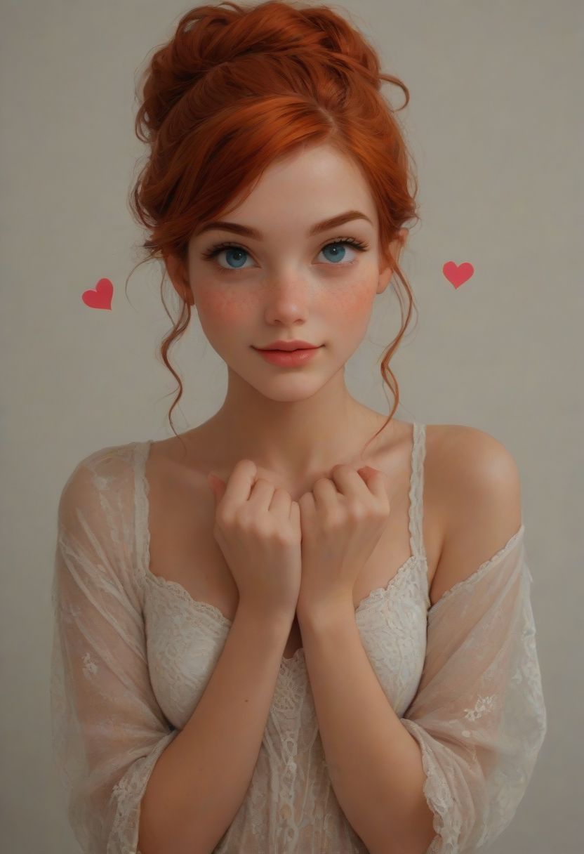 score_9,score_8_up, score_8, perfect cute face, perfect eyes, perfect hands, perfect feet, (PG-rated) 1girl, sexy 24yo redhead, freckles, updo bun, sexy pinup pose, teasing, rompers with thigh high lace stocking and cute mules, medium perfectly round breasts, looking directly at viewer, hourglass body,highest quality,yuri-style, cute, hearts, bright colours, candy.