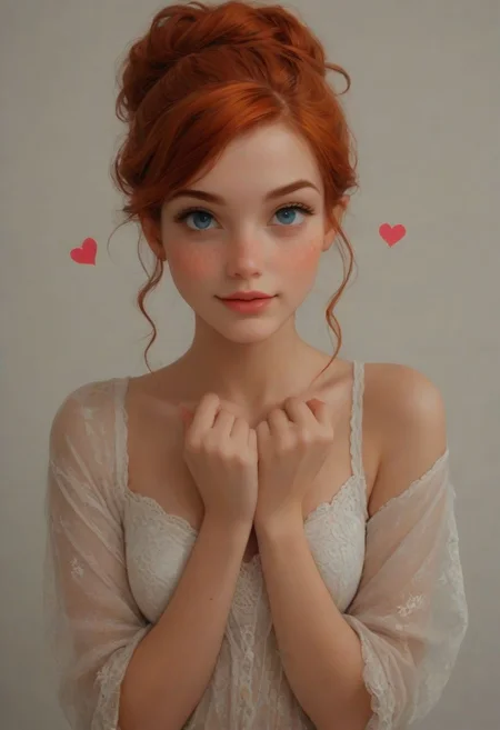 score_9,score_8_up, score_8, perfect cute face, perfect eyes, perfect hands, perfect feet, (PG-rated) 1girl, sexy 24yo redhead, freckles, updo bun, sexy pinup pose, teasing, rompers with thigh high lace stocking and cute mules, medium perfectly round breasts, looking directly at viewer, hourglass body,highest quality,yuri-style, cute, hearts, bright colours, candy.