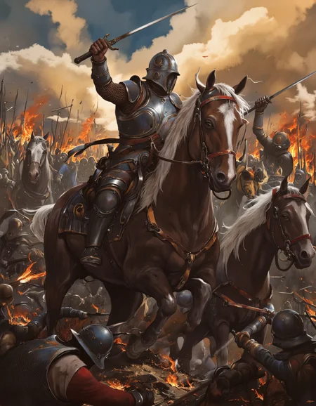 Art by Alejandro Burdisio. A dramatic digital illustration shoot from a far camera angle about a battle scene depicting a chaotic scene of battle between soldiers and horses, with a large group of men in full armor on horseback, engaged in a fierce battle. the scene is set against a backdrop of a dramatic sky filled with clouds and flames, with smoke and explosions in the background. in the center of the image, a muscular man, who appears to be in his mid-twenties, is sitting atop a horse, holding a sword and raising his right arm in triumph, with his left arm raised in triumph. he is wearing full armor, including a helmet, breastplate, and gauntlets, and has a determined expression on his face. to his left, a group of other men, who appear to be engaged in battle, are standing around him, some of them holding swords and shields, while others are facing away from the camera. the overall atmosphere is intense and dramatic, with dramatic lighting and detailed textures.