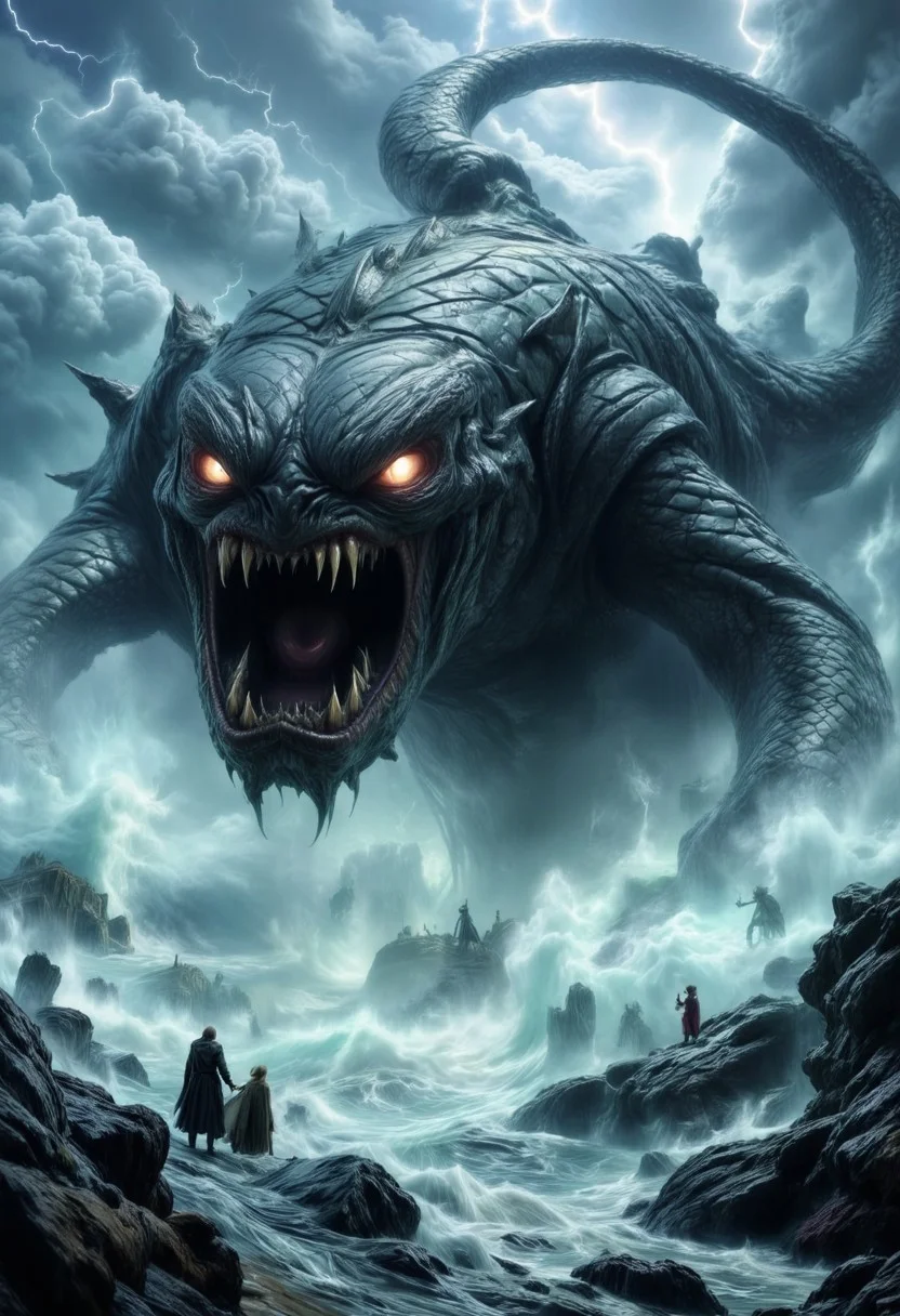 The Leviathan, a colossal sea creature of divine terror and majesty, rises from the abyss, its scaly, armored body glistening under a storm-ridden sky. Towering waves crash against its massive form as its serpentine body coils and twists, partially submerged in the churning ocean. Its gargantuan jaws, lined with jagged, glistening fangs, part to release an ear-shattering roar that shakes the heavens.
Lightning illuminates the creature’s burning eyes, glowing with an unnatural, almost celestial fire. Its ridged back, covered in impenetrable plates, pierces through the water like jagged mountains, while its long, barbed tail lashes with the force of a tidal wave, scattering ships like driftwood.
The surrounding sea is in chaos—wreckage of vessels old and new float aimlessly, remnants of past encounters with the unkillable beast. In the distance, horrified sailors cling to their shattered ships, whispering prayers as the living nightmare moves with deliberate, unstoppable force.
A being of both divine wrath and enigmatic purpose, the Leviathan is no mere monster—it is a harbinger, a force beyond human understanding, its existence woven into the fabric of creation itself.
Ultra-detailed, cinematic lighting, biblical mythological horror, epic oceanic destruction, dark and moody composition, monsterlora, mythology, dark fantasy