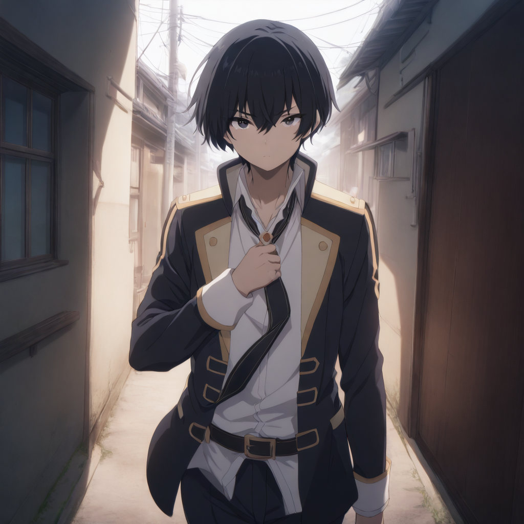 solo,looking at viewer,cowboy_shot,masterpiece,high score,great score,absurdres,<lora:CidKageno ag4o:1> 1boy, cidkageno, black hair, short hair, black eyes,school uniform,