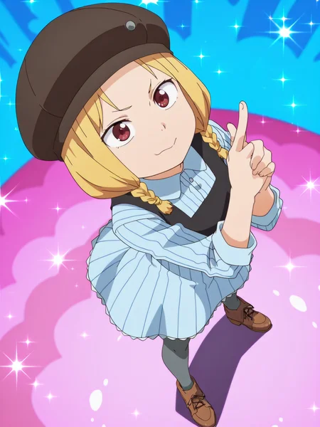 masterpiece, best quality, amazing quality, absurdres, newest, dynamic_angle, defined facial features, anime coloring, anime screencap, pinky background,
<lora:4in1_Chio_Manana_Yuki_Chiharu_ILv0a:0.8> chih@ru and0, blue vertical striped dress, black vest, brown footwear, gray thighhighs, full body, kancho, finger gun, own hands together, poking ass, braid, brown cabbie hat