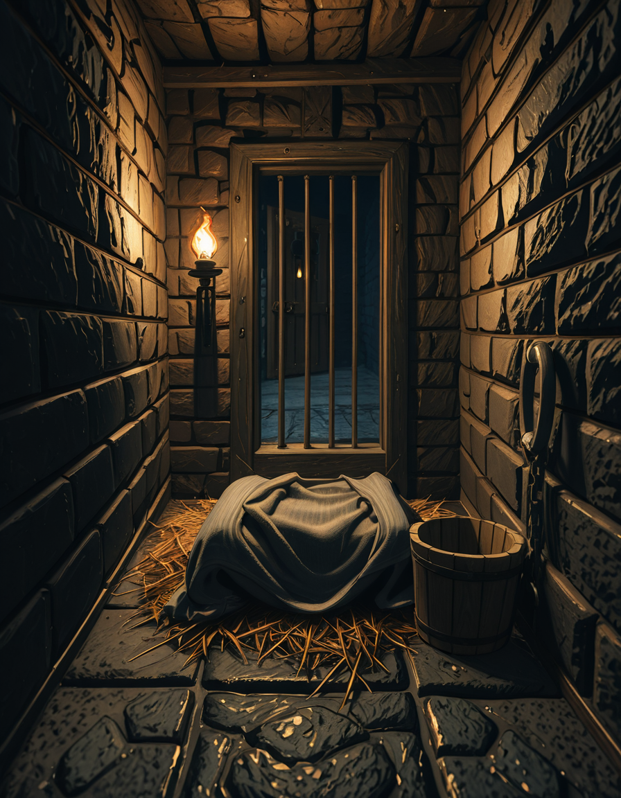 A hyper-realistic photo of a dark medieval dungeon cell inspired by Skyrim, with cold, damp stone walls covered in patches of moss and cracks. The floor is made of uneven cobblestones, partially wet with small puddles reflecting dim torchlight. An old, rusted iron-barred door is slightly ajar, casting long shadows on the ground. In the corner, a pile of straw serves as a makeshift bed, with a thin, tattered blanket thrown over it. Chains and shackles hang from the walls, showing signs of centuries of use. A small wooden bucket sits beside the bed, used as a primitive toilet. The atmosphere is heavy and oppressive, filled with a faint mist in the air. The only source of light comes from a single flickering torch mounted on the wall outside the cell, creating dramatic, warm orange glows contrasting with deep, cold shadows. The photo is taken from a slightly low angle, as if from the perspective of someone crouched on the floor inside the cell, adding a sense of claustrophobia and confinement. Ultra-realistic textures, high detail, cinematic lighting, 4K quality.
<lora:SDXLFaeTastic2400:0.4> <lora:extremely_detailed:0.4> extremely detailed,,dungeon c3ll <lora:dungeon_c3ll-i:1>, Masterpiece,best quality,hi res,8k,hi res,8k,award winning,(sharp focus, intricate, highly detailed),