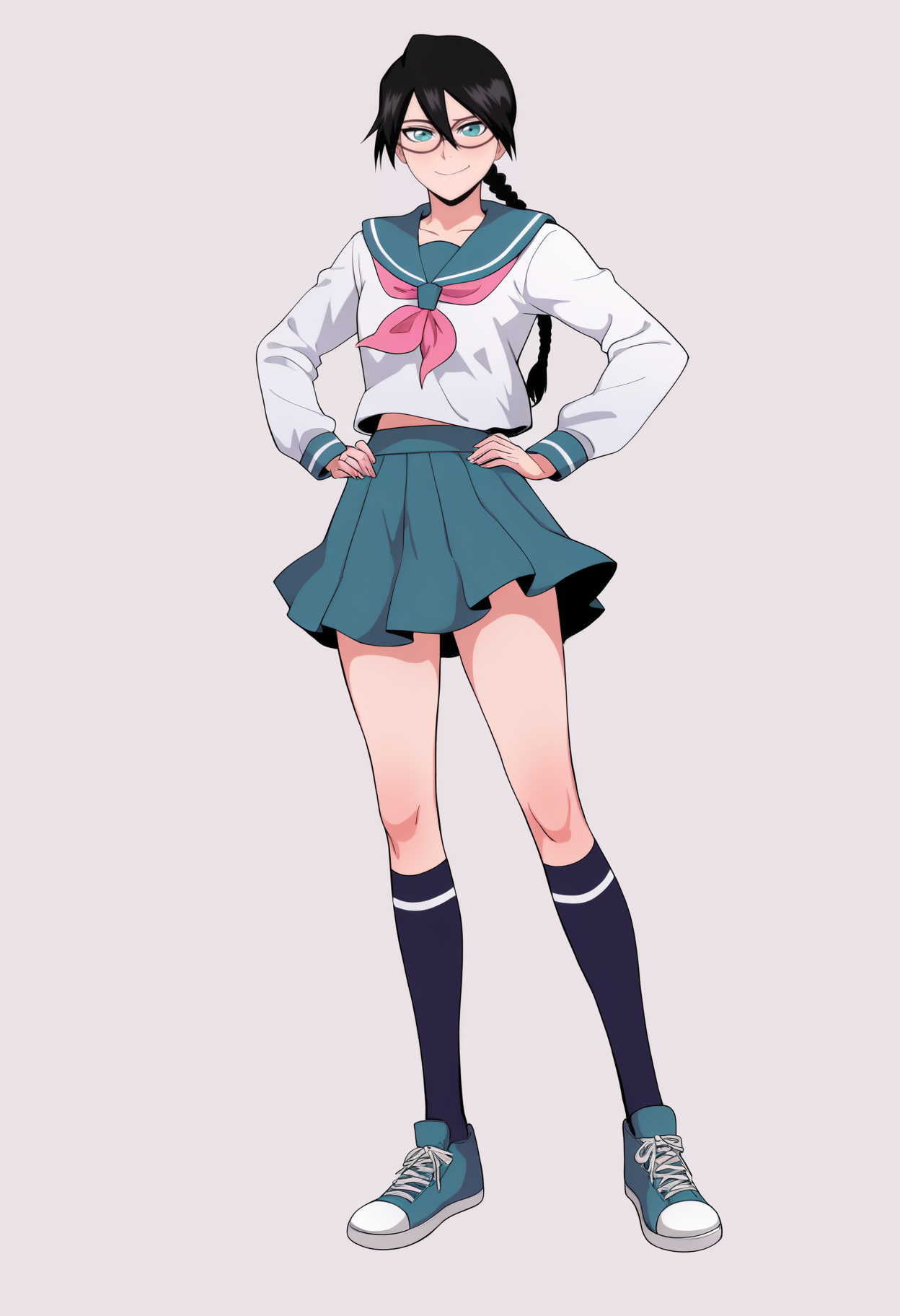 best quality, amazing quality, very aesthetic, absurdres,
1girl, yadoumaru lisa, black hair, braid, aqua eyes,
school uniform, glasses, serafuku, skirt, kneehighs, sneakers,
full body, hands on hips, standing,
smile, solo, looking at viewer, (simple background, white background:1.3),     <lora:LisaYadomaruNoobXL_byKonan:1>