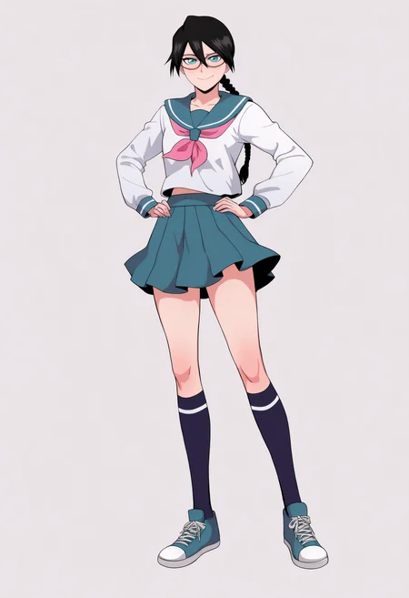 best quality, amazing quality, very aesthetic, absurdres,
1girl, yadoumaru lisa, black hair, braid, aqua eyes,
school uniform, glasses, serafuku, skirt, kneehighs, sneakers,
full body, hands on hips, standing,
smile, solo, looking at viewer, (simple background, white background:1.3), <lora:LisaYadomaruNoobXL_byKonan:1>