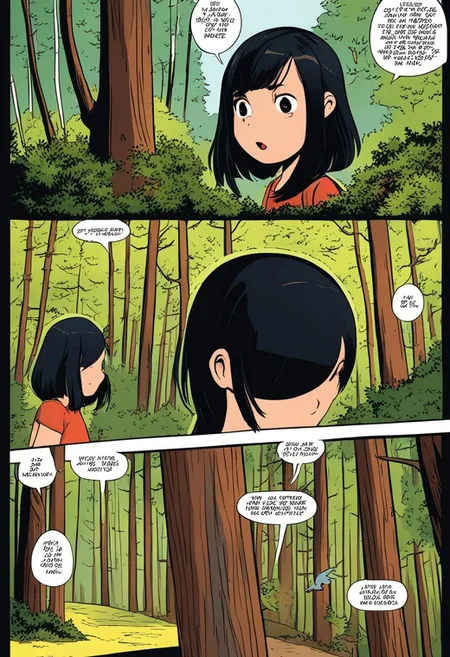 Funny comic , a girl stepping into the forest, black hair, trees,comic strip, SimplepositiveXLv1,dramatic angle, epic composition, . graphic illustration, comic art, graphic novel art, vibrant, highly detailed. amazed of all the animals in the forrest