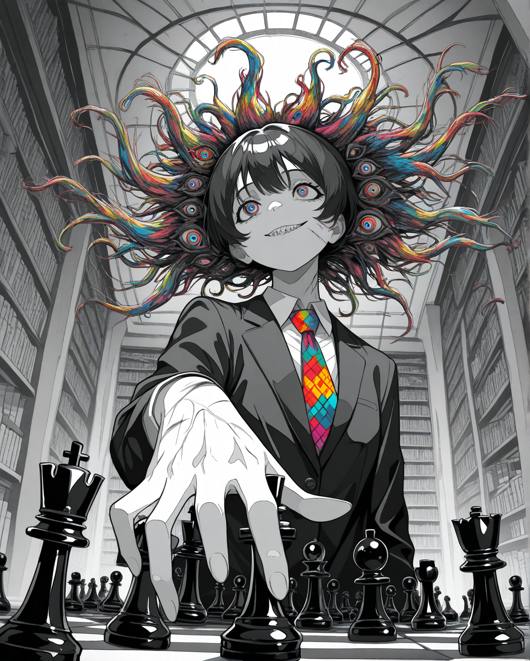 dutch angle, two-finger, upper body, perspective, chess piece, reaching, abstract chess piece, expressionless, solo, looking ahead, intense, 7A3IFRHPR_illu, ligne claire, monochrome, greyscale, partially colored, colorful_necktie, colorful_eyes, tareme, [greyscale background, unmoving pattern], library, domed ceiling, masterpiece, absurdres, newest, [dynamic pose]  horror, madness, bloody, abomination, sharp teeth, veins, trauma, cuts, scratches, crazy smile,  <lora:se_v1_horror:0.8>