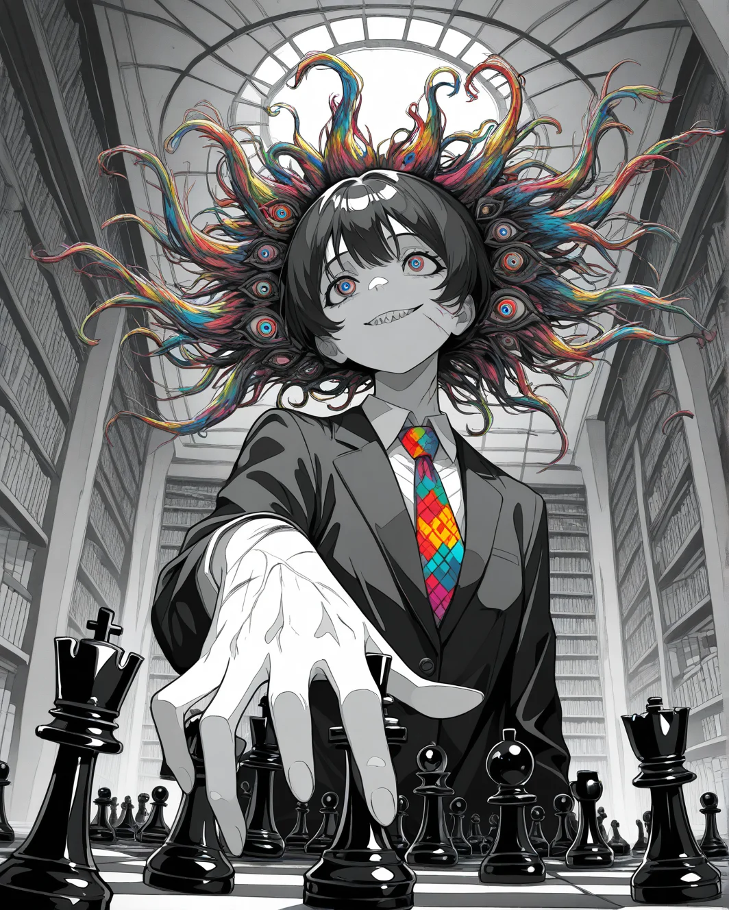 dutch angle, two-finger, upper body, perspective, chess piece, reaching, abstract chess piece, expressionless, solo, looking ahead, intense, 7A3IFRHPR_illu, ligne claire, monochrome, greyscale, partially colored, colorful_necktie, colorful_eyes, tareme, [greyscale background, unmoving pattern], library, domed ceiling, masterpiece, absurdres, newest, [dynamic pose]  horror, madness, bloody, abomination, sharp teeth, veins, trauma, cuts, scratches, crazy smile,  <lora:se_v1_horror:0.8>
