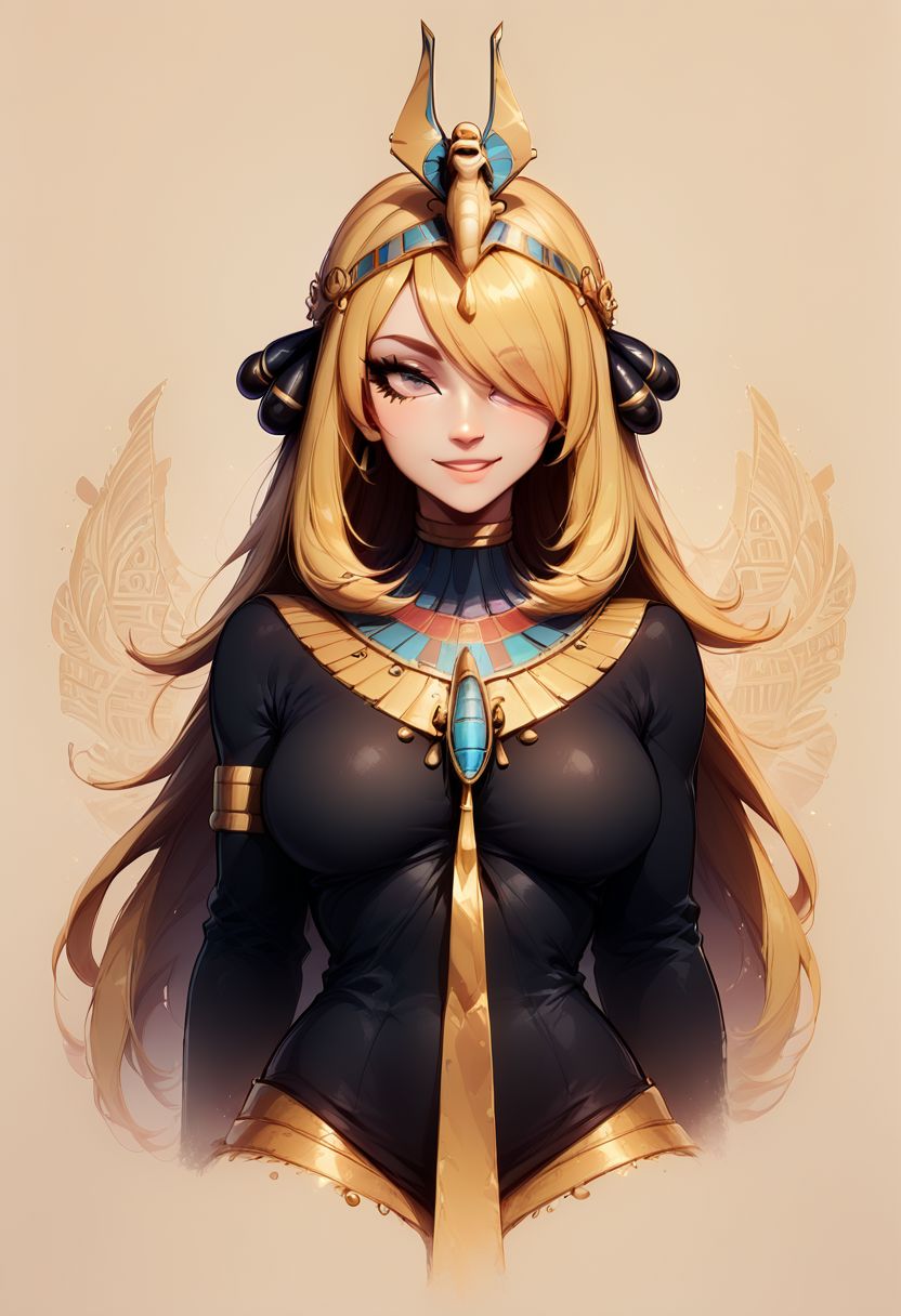 score_9, score_8_up, score_8, big breasts, (curvy), cute, eyelashes, 
Faded Headshot, faded bottom, faded edges
 head tilt, smile
BREAK, 
ivroy white skin, 
zzCynthia, solo, 1girl,  blonde, long hair, black coat, black pants,
zzEgyptian, usekh collar, gold trim, jewelry, gold, eye of horus, pharaoh's headdress, armlet, zzEgyptian, Egyptian, 
BREAK,,  zPDXL,