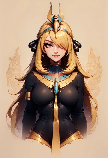 score_9, score_8_up, score_8, big breasts, (curvy), cute, eyelashes,
Faded Headshot, faded bottom, faded edges
head tilt, smile
BREAK,
ivroy white skin,
zzCynthia, solo, 1girl, blonde, long hair, black coat, black pants,
zzEgyptian, usekh collar, gold trim, jewelry, gold, eye of horus, pharaoh's headdress, armlet, zzEgyptian, Egyptian,
BREAK,, zPDXL,