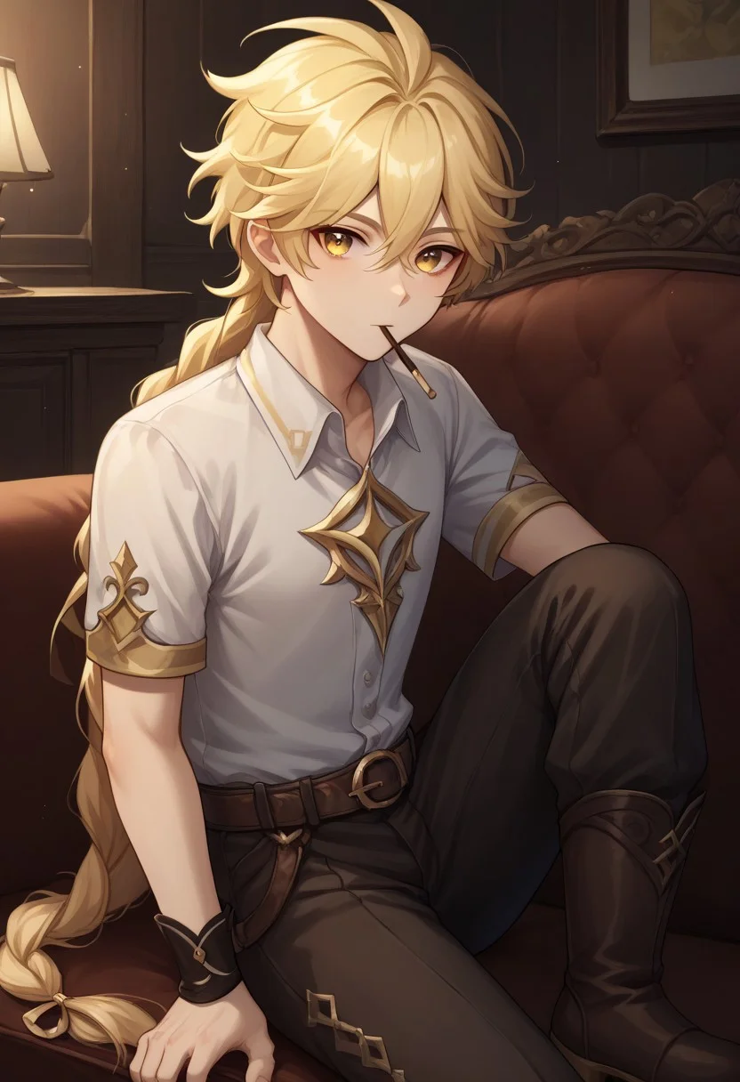 score_9, score_8_up, score_7_up, source_anime, highly detailed,
traveler, 1boy, male focus, pocky, blonde hair, braid, long hair, yellow eyes, short sleeves, holding, food in mouth, single braid, bangs, shirt, mouth hold, hair between eyes, looking at viewer, upper body, curious, belt, pants, boots, brown footwear,
indoor, sitting, couch, medieval,