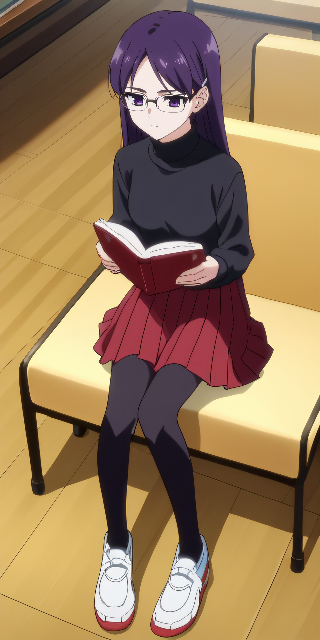 score_9, score_8_up, score_7_up, source_anime, rating_safe, intricate details, anime screencap, official style, 1girl, <lora:Claes:1>, claes, purple hair, purple eyes, long hair, glasses, black sweater, turtleneck, red skirt, pleated skirt, black pantyhose, white shoes, expressionless, sitting, full body, reading a book, indoor