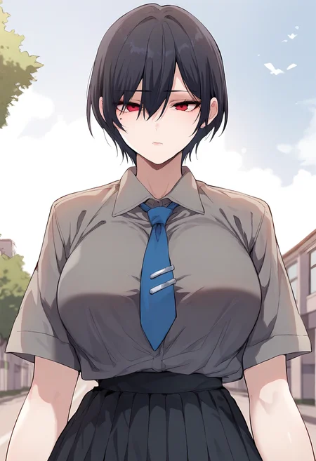 score_9, score_8_up, score_7_up, score_6_up, source_anime, rating_explicit, 1girl, (solo:1.1), huge breasts, <lora:Seon A-Byeol prefectPonyxl:0.85> black hair, short hair, red eyes, hair between eyes, (mole under eye:0.8), blue necktie, tie clip, collared shirt, grey shirt, short sleeves, school uniform, black skirt, pleated skirt, expressionless, school, outdoors, looking at viewer