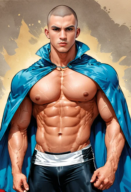 Comic books, cartoon, beside, pectoral in focus,arrogant  year old 1boy ,young face, solo,teenager,[ oil painting: lineart:0.4],sexy pose,angry, frow, hero pose, 
BRAZILIAN,Skinhead,((thick eyebrow)), wide jaw,thin waist,veins, (vignette),(Marvel),big bulge,
((super hero outfit)), (compression pants),((Super hero cape)),cape in the wind,
 <lora:add-detail-xl:0.8> <lora:chest_adjust:7>, <lora:xl_more_art-full_v1:0.8>   
 <lora:bodybuildingsex:0.8>  massive pectoral,beefly muscle,