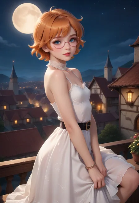 score_9, score_8_up, score_7_up, masterpiece, illustration, the best quality, ((solo)), 1girl, beautiful tender 18 years, lipstic, eyewear, small chest, small ass,
Sexy pose, seductive smile,
1girl, freckles, glasses, lotte jansson, orange hair, pink-framed eyewear, semi-rimless eyewear, short hair, under-rim eyewear, <lora:lotte_jansson:0.8>
Luxurious, beautiful, luxurious gothic dress, white dress (lace, white frills, belt), luxurious jewels, white lace choker, bracelet
Night, stars, only one Moon,
on rooftop, on top of medieval town, night time,
dynamic angle, cowboy shot, dynamic pose, cute, realistic, wide shot, view legs