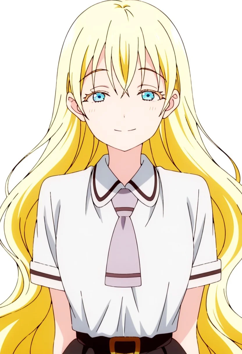 best quality, masterpiece, anime screencap, anime coloring, ultra detailed, source_anime, intricate details, perfect anatomy, looking at viewer,
olivia, long hair, blonde hair, very long hair, bangs, blue eyes, smile, shiny smile,
simple background, upper body, shirt, short sleeves, white shirt, black skirt, school uniform, closed mouth, looking at viewer, necktie, belt, collared shirt,