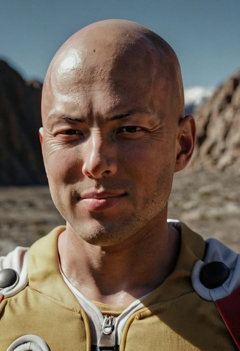 closeup, photorealistic, amazing quality, masterpiece, best quality, hyper detailed, ultra detailed, UHD, perfect anatomy, portrait, dof, hyper-realism, majestic, awesome, inspiring, CloseUp Portrait of a Real saitama (one-punch man), charming but tired Smile, skin Details, very detailed skin, old skin, Closeup, looking at Viewer with relaxed and bored look,speech bubble with text="OK", standing in sunlight infront of mountain range with a large hole in it, cinematic composition, soft shadows, very detailed, hd, RAW photograph, masterpiece, top quality, best quality,
