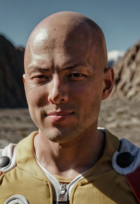 closeup, photorealistic, amazing quality, masterpiece, best quality, hyper detailed, ultra detailed, UHD, perfect anatomy, portrait, dof, hyper-realism, majestic, awesome, inspiring, CloseUp Portrait of a Real saitama (one-punch man), charming but tired Smile, skin Details, very detailed skin, old skin, Closeup, looking at Viewer with relaxed and bored look,speech bubble with text="OK",  standing in sunlight infront of mountain range with a large hole in it, cinematic composition, soft shadows, very detailed, hd, RAW photograph, masterpiece, top quality, best quality,