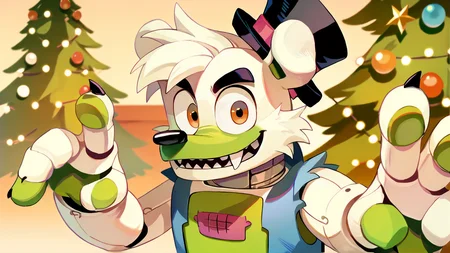 <lora:saucebear_ponyxl-10v1.2:1.7> score_9_up, score_8_up, score_7_up, source_furry, source_cartoon, outside, saucebear, bear ears, large canines, perfect canines, sabertooth, deep blue mini top hat, orange eyes, detailed eyes, green phalanges, four fingers, (((four fingers))), greenish-white body:1.2, (green color front, gray neck, metallic neck:1.5), wearing blue vest, loose vest, thin neck, solo, (looking at viewer), perfect body, detailed hands, toony hands, toony body, toony head, zPDXL2, detailed hat, male focus, nice background, (flat chest), fluffy head:0.8, BREAK, winter scene, christmas tree, christmas scene
<lora:big_eyes_v1:1.0> <lora:zy_Detailed_Backgrounds_v1:0.3>