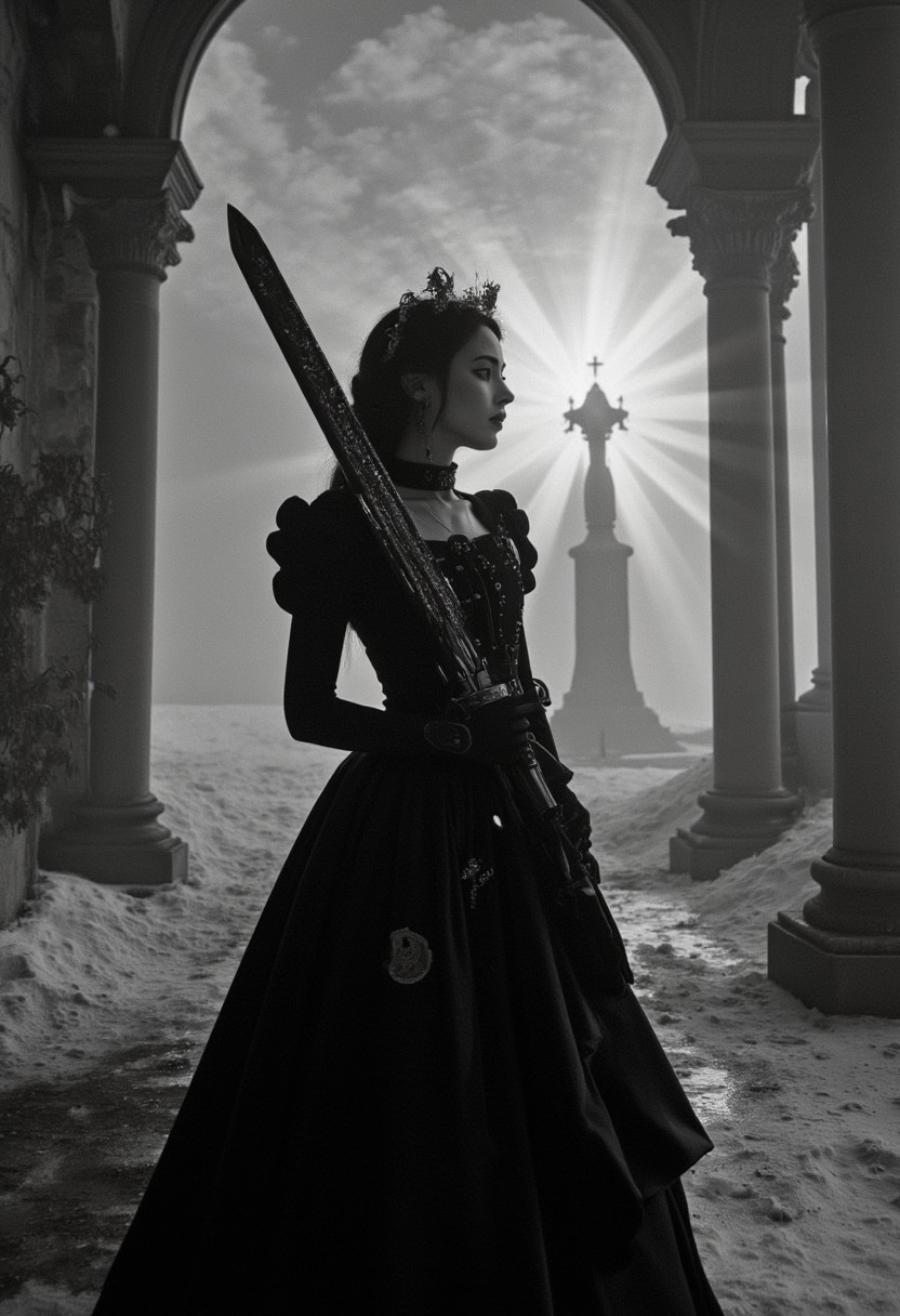 analog film photo (art by Zdzislaw Beksinski:2). baroque style. gothic. young woman KTNK. mechanical. giant cyberpunk sword. epic, glorification, backlit, god rays, . faded film, desaturated, 35mm photo, grainy, vignette, vintage, Kodachrome, Lomography, stained, highly detailed, found footage
