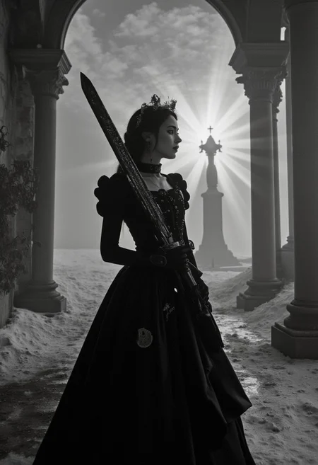 analog film photo (art by Zdzislaw Beksinski:2). baroque style. gothic. young woman KTNK. mechanical. giant cyberpunk sword. epic, glorification, backlit, god rays, . faded film, desaturated, 35mm photo, grainy, vignette, vintage, Kodachrome, Lomography, stained, highly detailed, found footage