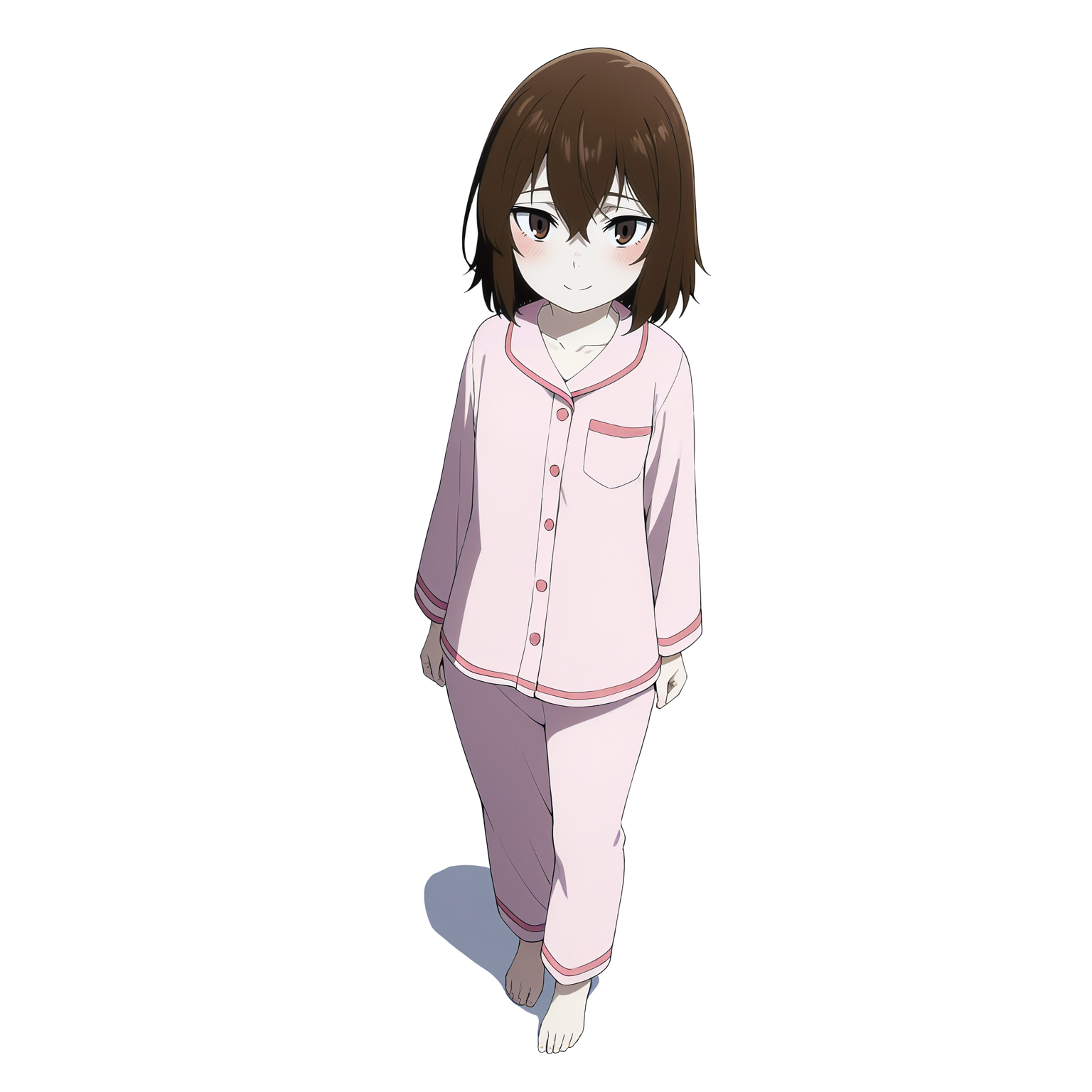 pixiv masterpiece, score_9, score_8_up,  source_anime, score_7_up, best quality, high res, absurd res, 
<lora:Kayo_Hinazuki_Illustrious_v19-000013:1>,kayo_hinazuki_il, 1girl, brown_eyes, short_hair, brown_hair, pink_pajamas, solo, medium shot,  standing, faint smile, simple background, white background, from above, full body