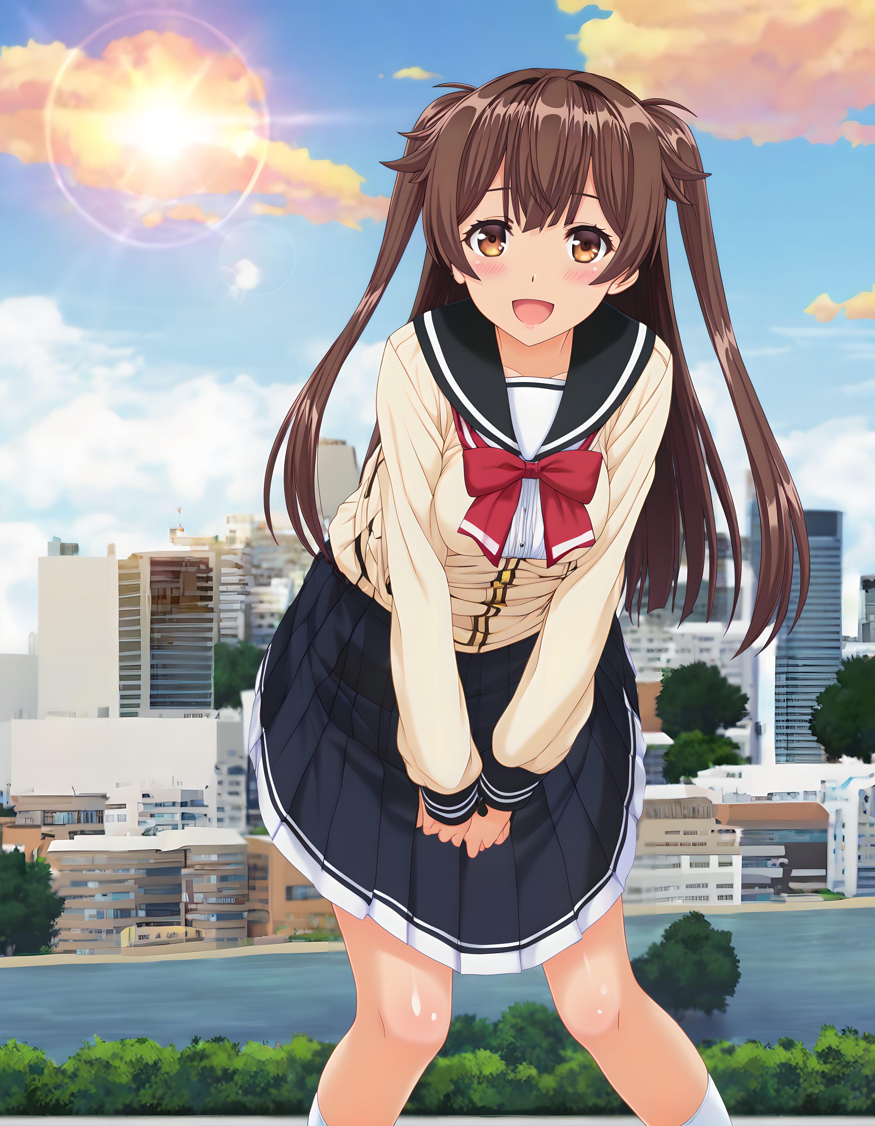 <lora:pony_xl_muku:0.8>,muku,score_9,source_anime,best quality,masterpiece,super fine illustration,1girl,solo,looking at viewer,cowboy_shot,looking_at_viewer,front view,school_uniform,sailor,summer_uniform,plaid_dress,miniskirt,kneehighs,bright girl,:d,smile,blush,open mouth,standing,hands_on_own_knees,leaning_forward,knees_together_feet_apart,hair_flaps,hair fluttering in the wind,wind,in summer,day,city,cityscape,lens_flare,blurry,