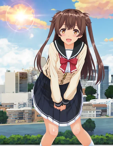 <lora:pony_xl_muku:0.8>,muku,score_9,source_anime,best quality,masterpiece,super fine illustration,1girl,solo,looking at viewer,cowboy_shot,looking_at_viewer,front view,school_uniform,sailor,summer_uniform,plaid_dress,miniskirt,kneehighs,bright girl,:d,smile,blush,open mouth,standing,hands_on_own_knees,leaning_forward,knees_together_feet_apart,hair_flaps,hair fluttering in the wind,wind,in summer,day,city,cityscape,lens_flare,blurry,