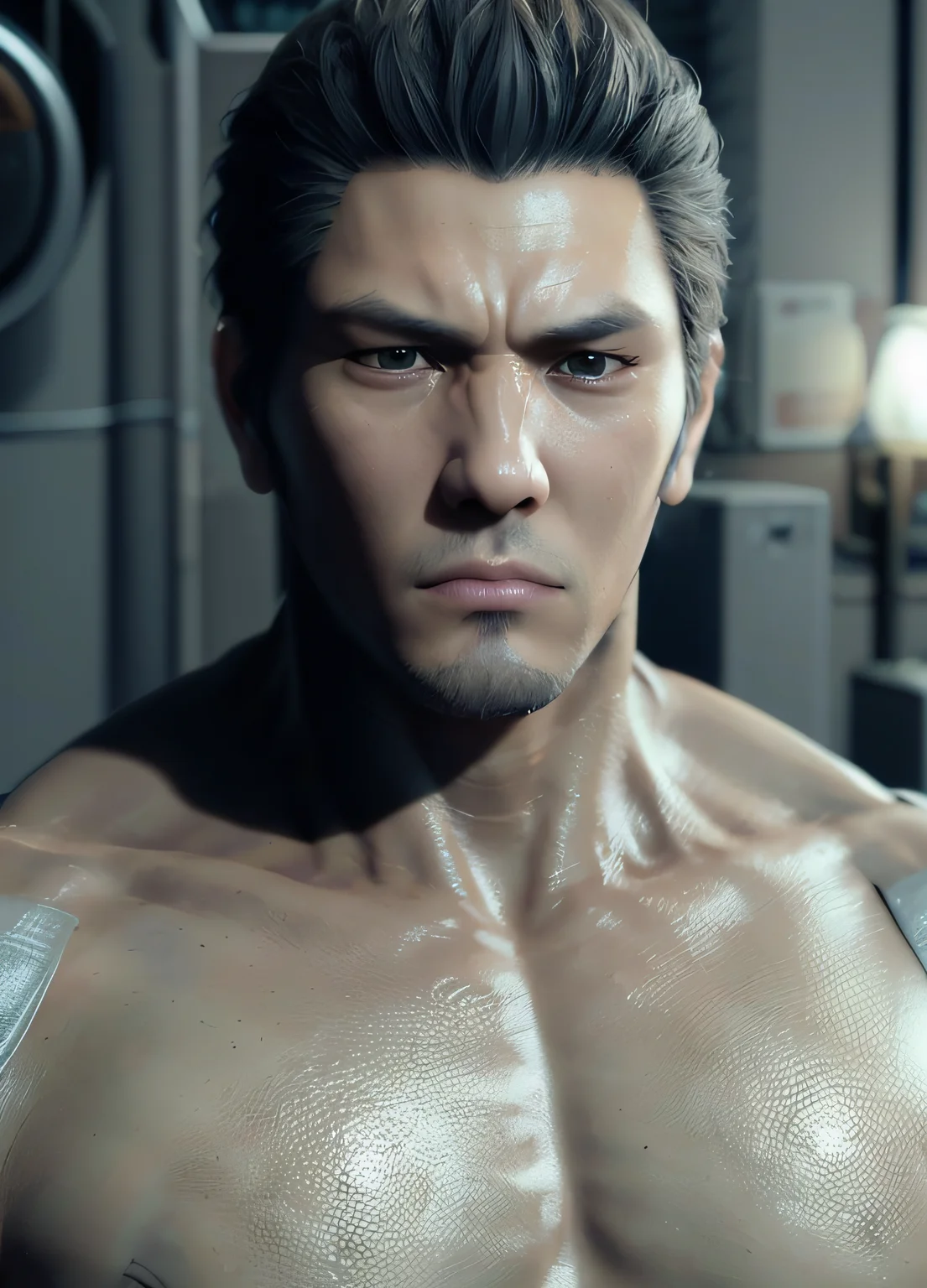 (SFW,8k, RAW photo, best quality, masterpiece:1.2),(realistic, photo-realistic:1.37),1 mature man ,(((upper body,shirtless, strong phisique))), facial close-up <hypernet:kiryu:1>