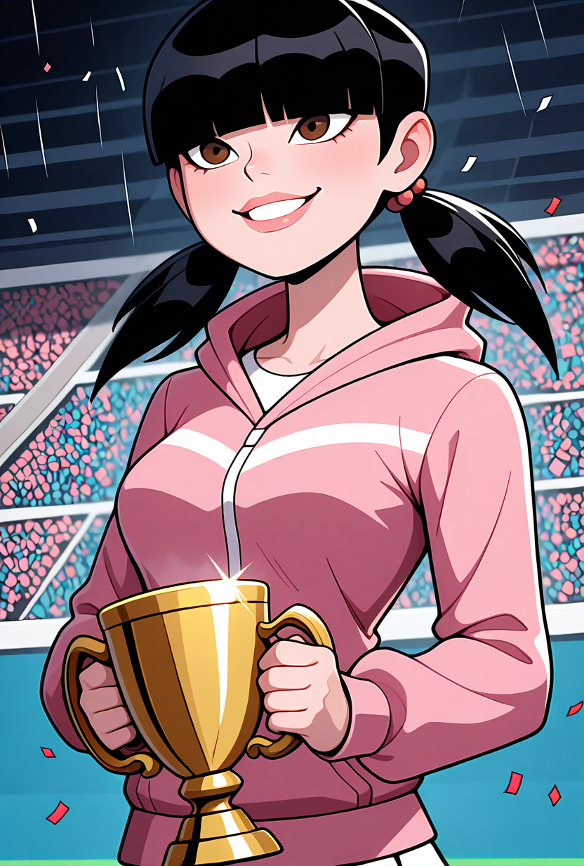 <lora:julieov:1>, julieov, black hair, twintails, 1girl, breasts, low twintails, pink hoodie, blunt bangs, hair ornament, jacket, long sleeves, brown eyes, lips, hair over eyes,, white skirts, expressive, wide face, holding champions cup, world cup, lifting trophy, golden trophy, teeth, smile, confetti, a lot of confetti, raining confetti, confetti spam,, masterpiece, best quality, amazing quality, very aesthetic, absurdres, newest,