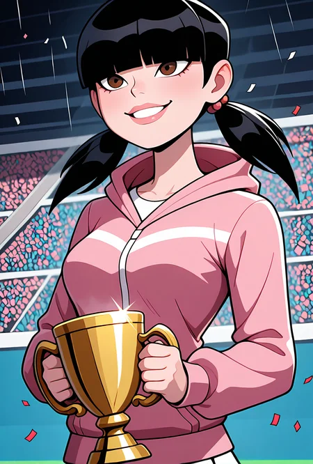 <lora:julieov:1>, julieov, black hair, twintails, 1girl, breasts, low twintails, pink hoodie, blunt bangs, hair ornament, jacket, long sleeves, brown eyes, lips, hair over eyes,, white skirts, expressive, wide face, holding champions cup, world cup, lifting trophy, golden trophy, teeth, smile, confetti, a lot of confetti, raining confetti, confetti spam,, masterpiece, best quality, amazing quality, very aesthetic, absurdres, newest,