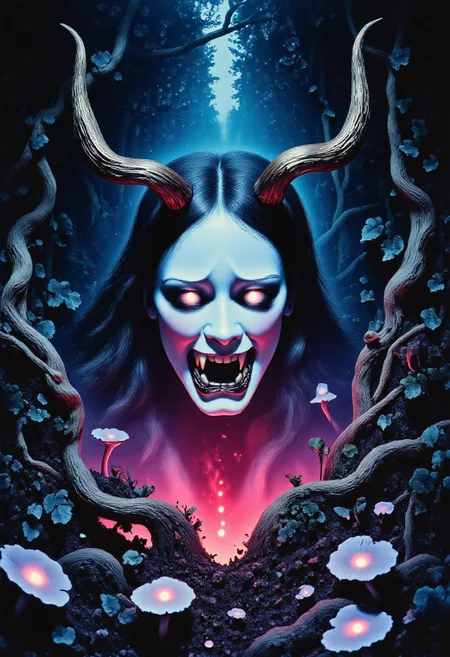 Satyr ArsMovieStill, movie still from a 1970s horror movie Studio Ghibli Dark Fairytale depicting a cursed hannya mask with horns and fangs in an eerie dark forest amidst twisting vines and luminous purple mushrooms