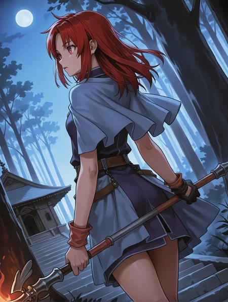 masterpiece,best quality,newest,
solo,1girl,
<lora:chris_ilxl_v1.1:1>,chris,red hair,red eyes,c_clothes,single glove,holding wand,
<lora:Fixhands_anime_bdsqlsz_V1:1>,looking ahead,hair down,from behind,from_back,dynamic_angle,cinematic_angle,moonlight,forest,temple,torch,darkness,dutch angle,anxiety,