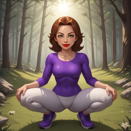 score_9, score_8, BREAK, solo, wii, mii, wii sports, 1girl, female mii, dark yellow eyes, auburn hair, dark brown eyebrows, red lips, purple clothing, white pants, shoes, nintendo mii, modern_mii, classic_mii, breasts, elisa_\(\\wii_sports\\\), sexy pose, smile, outdoors, sunlight, shadows, evening lighting, natural lighting, forest, trees, grass, orange sky, sunset