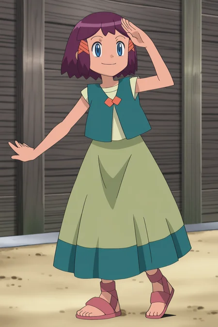 1girl, 
<lora:Shannon-Shobu:1> PK5BWShan5nonSho5bu,blue eyes,dark pink brown hair,short hair, orange hair ornament, light green shirt,short-sleeved t-shirt,navy green vest,orange buttons,light green skirt, navy green hem skirt, large skirt, rope sandals,  full body,  standing, looking at viewer,  smile, salute, 
masterpiece, high quality, absurdres, best quality, very aesthetic, newest,