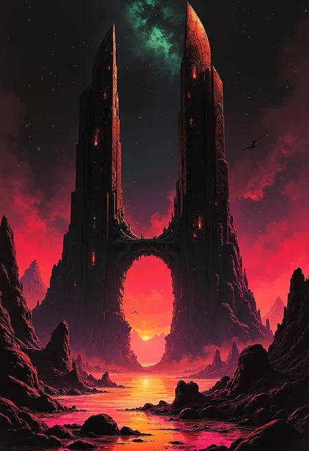 Monochrome with color, retro scan of 80s-anime-ai spectral neon gradient ASCII art, an 80s sci-fi ethereal scene. Dark space, 80s sci-fi book artwork, lo-fi, neon-pastel colors, grainy, vintage.
In the vast expanse of outer space, a vibrant abyss of dark, dirty and deep reds floats majestically, bowing down toward the viewer. The abyss is rich in texture, with subtle variations that catch the distant starlight, creating an eerie glow. Two imposing, dark, towering structures rise side by side, resembling gigantic, glass spheres partially shattered, similar to observatories. Their surfaces shimmer with intricate patterns, reflecting the chaotic interplay of dark yellow and black, while fragments of glass glint ominously against the shadowy backdrop.
The towers are connected by a gracefully arched bridge adorned with delicate carvings, illuminated by a dim, ambient light that casts unsettling shadows across the scene. These shadows enhance the ethereal presence of the spheres against the backdrop of swirling, smoky nebulae. Tiny details like drifting space dust and the faint glimmer of distant stars add depth, while the warm glow from within the shattered spheres creates an unsettling sense of life within the otherwise surreal landscape.