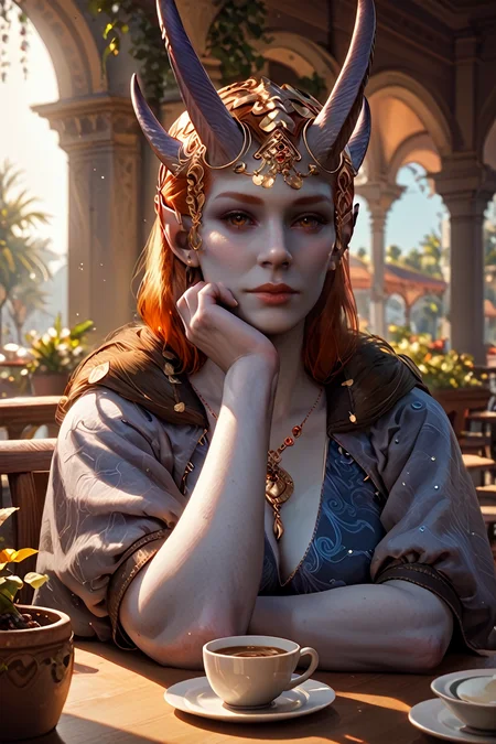 score_9, score_8_up, score_7_up, score_6_up
<lora:BGMizora:1.0>
BGMizora, 1girl, orange hair, horns, grey skin, jewelry, pointy ears, looking at viewer, cafe terrace, morning, peaceful and serene with soft morning sunlight