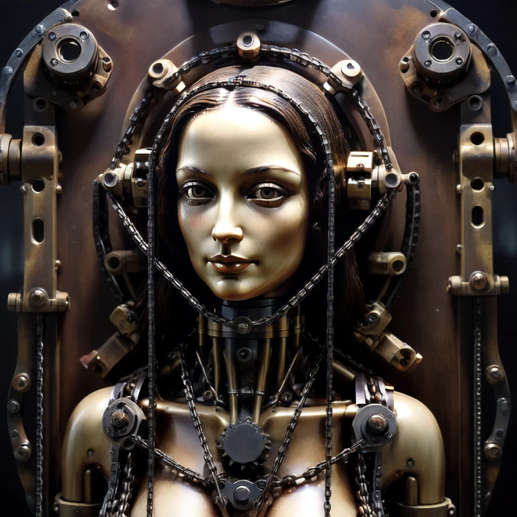 mechanarion mechanical mona lisa, chains and sprockets, cinematic, professional light, darkness atmosphere<lora:mechanarion:1>