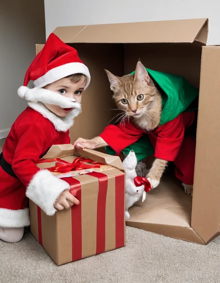 A mischievous baby elf, dressed in festive holiday attire, sneaks into a human house and attempts to wrap a cat as a Christmas present, only for the cat to stare unamused from inside a half-wrapped box.âââ