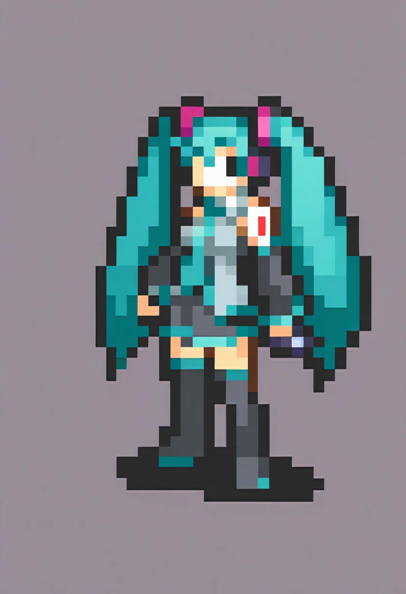 masterpiece, best quality, solo, 1girl, <lora:FEGBA-Sprites-illus_Fp:1>, simple background, pixel art, full body, hatsune miku, holding microphone,
