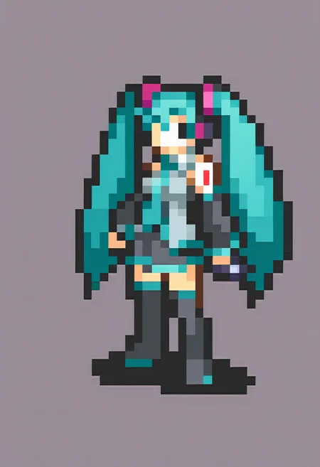 masterpiece, best quality, solo, 1girl, <lora:FEGBA-Sprites-illus_Fp:1>, simple background, pixel art, full body, hatsune miku, holding microphone,