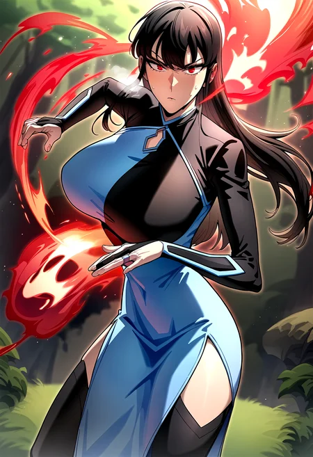 score_9, score_8_up, score_7_up, score_6_up, source_anime, rating_explicit, <lora:neg4all_bdsqlsz_V3.5:2.0>1girl, (solo:1.1), huge breasts, <lora:Shuranponyxl:1> long hair, black hair, red eyes, bangs, bridal gauntlets, black thighhighs, blue dress, clothing cutout, long sleeves, serious, Narrow shoulders, heavy breathing, sweat, steaming body, forest, outdoor, looking at viewer, aura