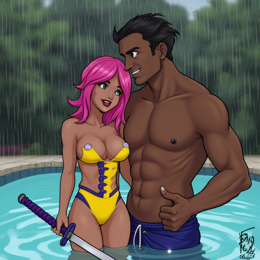without tanlines, katana, yellow and purple dress, suction cups, tentacle hair, eyes shading style, dark brown skinned, wavy hair, exposed breasts, reptile nose, rain, purple fue, Shading of eyes style, hairy penis, pool, blue skirt, belly button style, white sclera, cum in pussy, rolling eyes, her ass is being squeezed by the man, pointing with your hand, pink hair