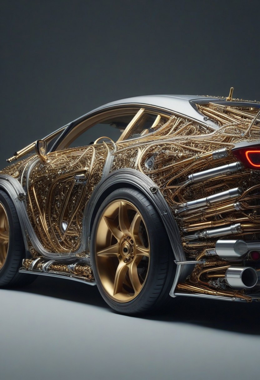 masterpiece, best quality, high resolution, absurdres, ultra-detailed, intricate details, ultra detailed, 8k, highly detailed, very aesthetic, professional 4k, Canon 5d mark 4, extremely detailed, very_detailed, high_detail, sharp focus, clean lines, perfect anatomy, realistic style,  
sport car in (qu4ntum style), covered in (brass pipes) and (silver wires) and gold circuits,
simple background, 
film grain, cinematic, colorful, moody lighting, natural light, soft light, depth of field, bokeh, light particles, backlight, chiaroscuro, refraction, subsurface scattering